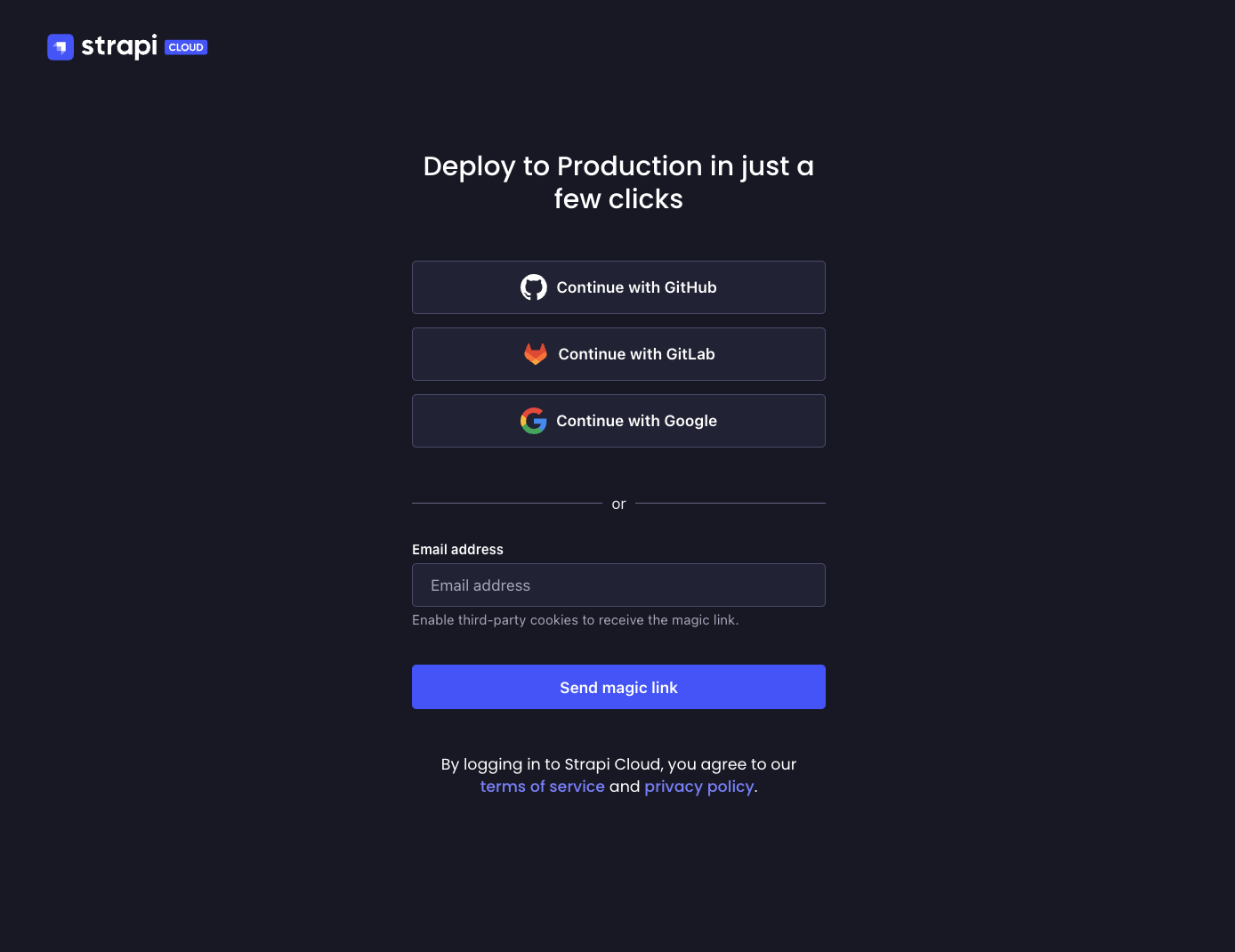 Strapi Cloud login page